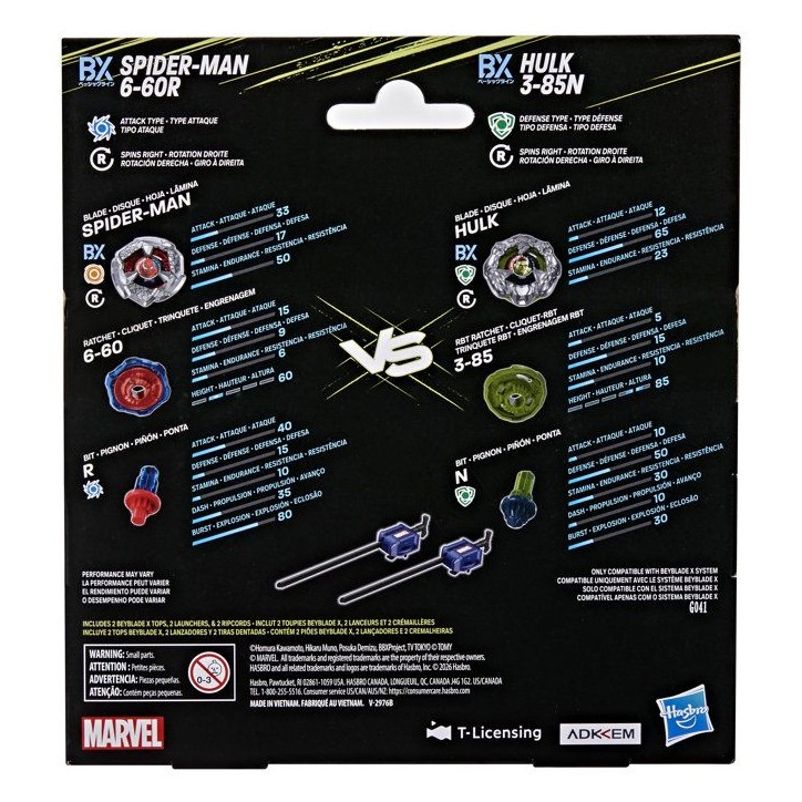 Beyblade X et Marvel, Spider-Man 6-60R contre Hulk 3-85N, 2 toupies de compétition Takara Tomy, 2 lanceurs, des 8 ans