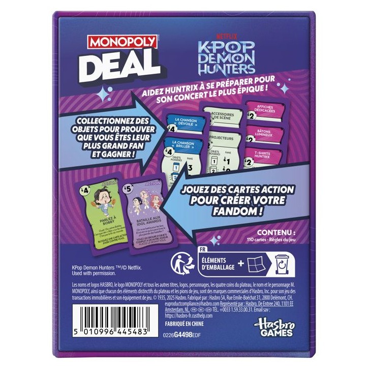 Monopoly Deal : KPop Demon Hunters, jeu de cartes familial pour enfants, préados, ados et adultes - 2 a 5 joueurs - 15 min. Monopoly Deal : KPop Demon Hunters, jeu de cartes familial pour enfants, préados, ados et adultes - 2 a 5 joueurs - 15 min.