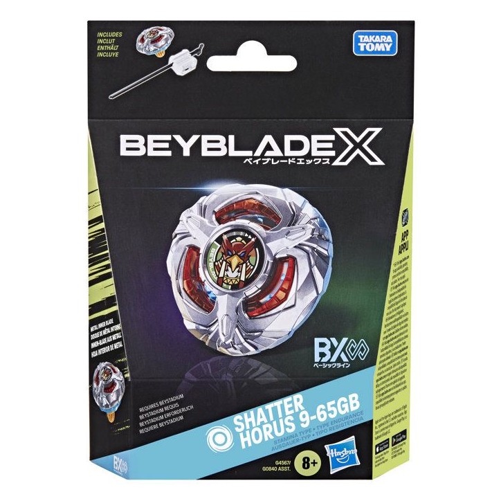 Beyblade X Starter Pack Shatter Horus 9-65GB BX Infinity, toupie de type endurance avec lanceur, toupies de compétition, des 8