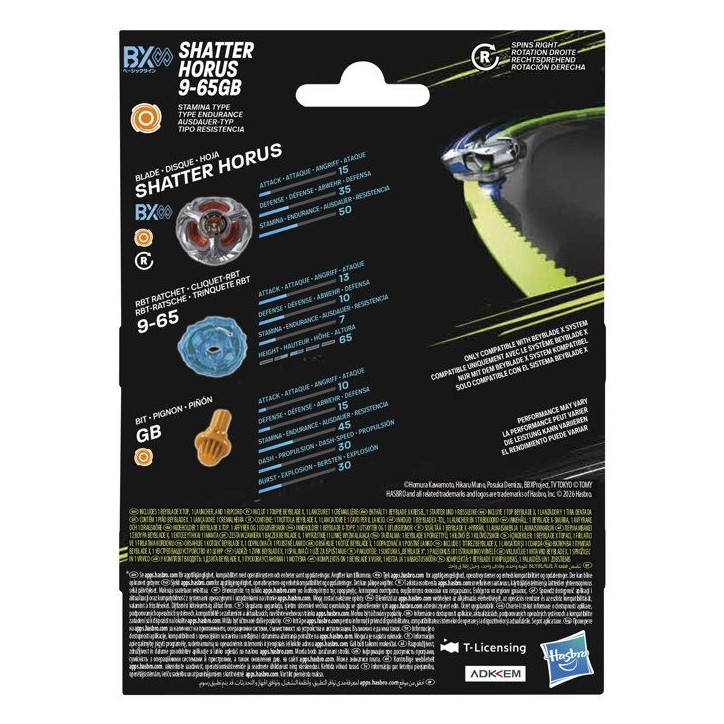 Beyblade X Starter Pack Shatter Horus 9-65GB BX Infinity, toupie de type endurance avec lanceur, toupies de compétition, des 8