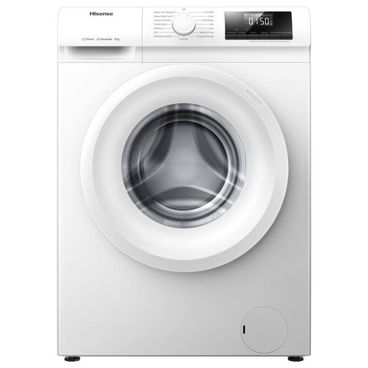 Lave-linge hublot HISENSE WFLE8014EVM - 8 kg - Induction - 1400 trs/min - Classe A - Vapeur - Quick wash - Blanc