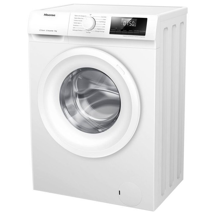 Lave-linge hublot HISENSE WFLE8014EVM - 8 kg - Induction - 1400 trs/min - Classe A - Vapeur - Quick wash - Blanc
