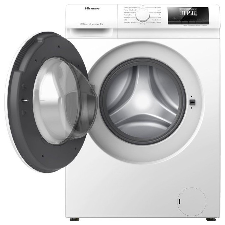Lave-linge hublot HISENSE WFLE8014EVM - 8 kg - Induction - 1400 trs/min - Classe A - Vapeur - Quick wash - Blanc