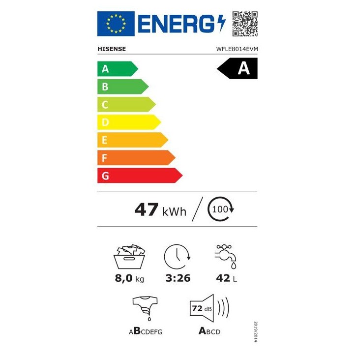 Lave-linge hublot HISENSE WFLE8014EVM - 8 kg - Induction - 1400 trs/min - Classe A - Vapeur - Quick wash - Blanc