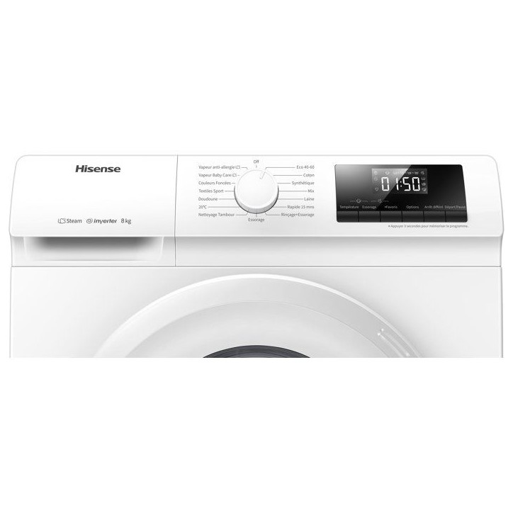Lave-linge hublot HISENSE WFLE8014EVM - 8 kg - Induction - 1400 trs/min - Classe A - Vapeur - Quick wash - Blanc