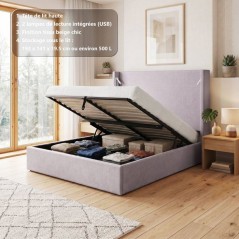 Lit coffre - STAN 1 - 140 x 190 cm - Tissu beige texturé - Tete de li