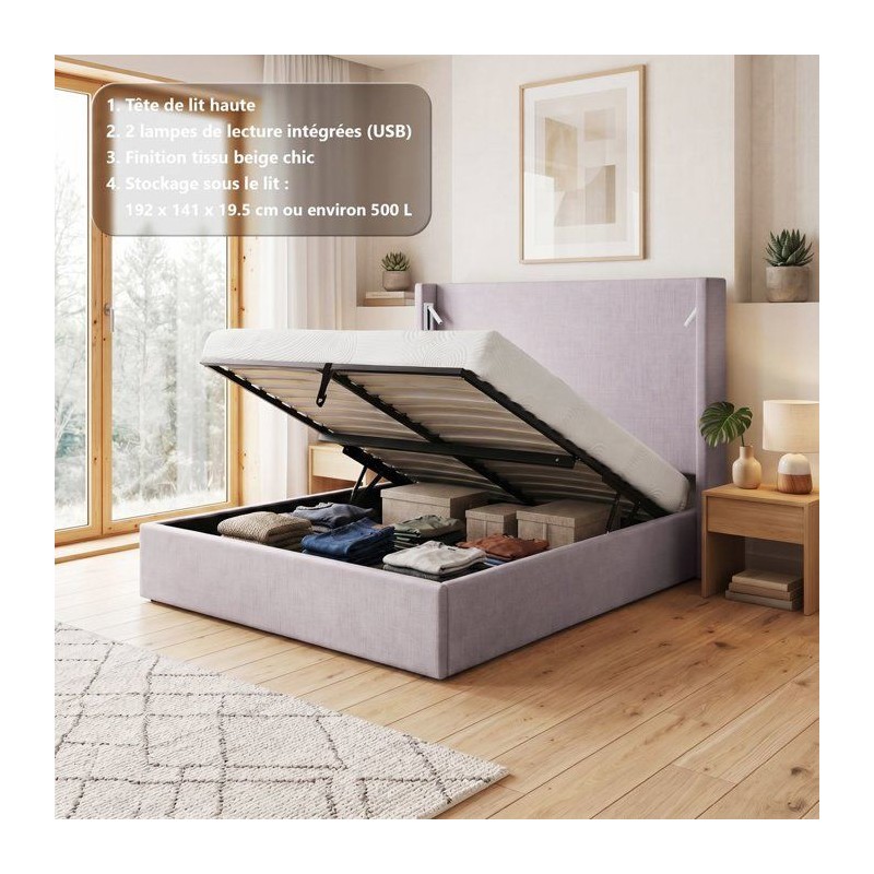 Lit coffre - STAN 1 - 140 x 190 cm - Tissu beige texturé - Tete de li