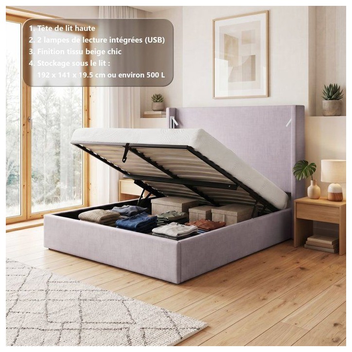 Lit coffre - STAN 1 - 140 x 190 cm - Tissu beige texturé - Tete de lit haute a oreilles - 2 lampes de lecture LED + Ports USB Lit coffre - STAN 1 - 140 x 190 cm - Tissu beige texturé - Tete de lit haute a oreilles - 2 lampes de lecture LED + Ports USB