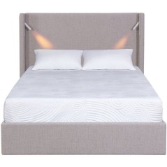 Lit coffre - STAN 1 - 140 x 190 cm - Tissu beige texturé - Tete de lit haute a oreilles - 2 lampes de lecture LED + Ports USB