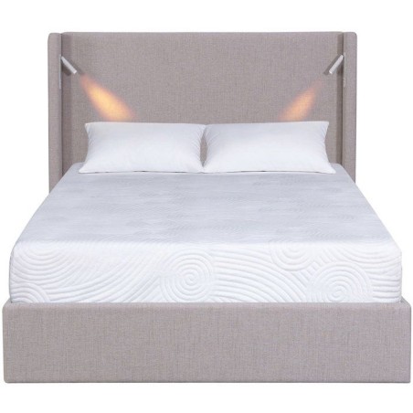 Lit coffre - STAN 1 - 140 x 190 cm - Tissu beige texturé - Tete de lit haute a oreilles - 2 lampes de lecture LED + Ports USB