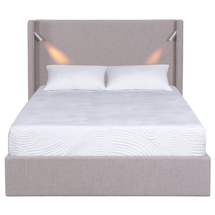 Lit coffre - STAN 1 - 140 x 190 cm - Tissu beige texturé - Tete de lit haute a oreilles - 2 lampes de lecture LED + Ports USB Lit coffre - STAN 1 - 140 x 190 cm - Tissu beige texturé - Tete de lit haute a oreilles - 2 lampes de lecture LED + Ports USB