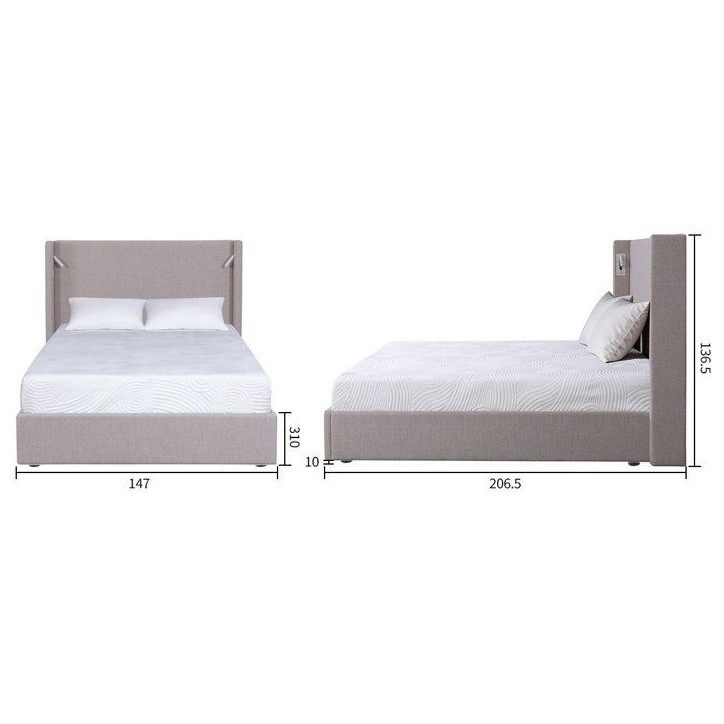 Lit coffre - STAN 1 - 140 x 190 cm - Tissu beige texturé - Tete de lit haute a oreilles - 2 lampes de lecture LED + Ports USB Lit coffre - STAN 1 - 140 x 190 cm - Tissu beige texturé - Tete de lit haute a oreilles - 2 lampes de lecture LED + Ports USB