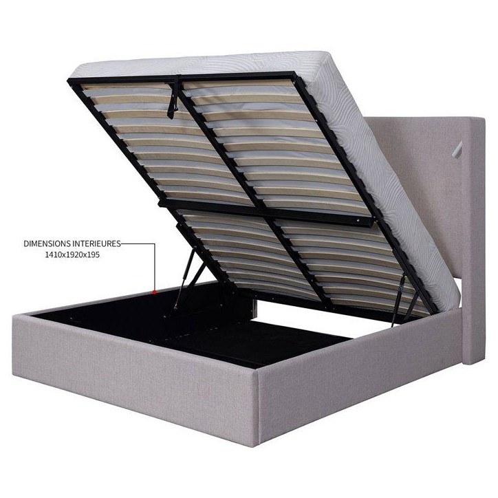 Lit coffre - STAN 1 - 140 x 190 cm - Tissu beige texturé - Tete de lit haute a oreilles - 2 lampes de lecture LED + Ports USB Lit coffre - STAN 1 - 140 x 190 cm - Tissu beige texturé - Tete de lit haute a oreilles - 2 lampes de lecture LED + Ports USB