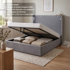 Lit coffre adulte - STAN 3 - 160 x 200 cm - Tissu gris - Tete de lit h