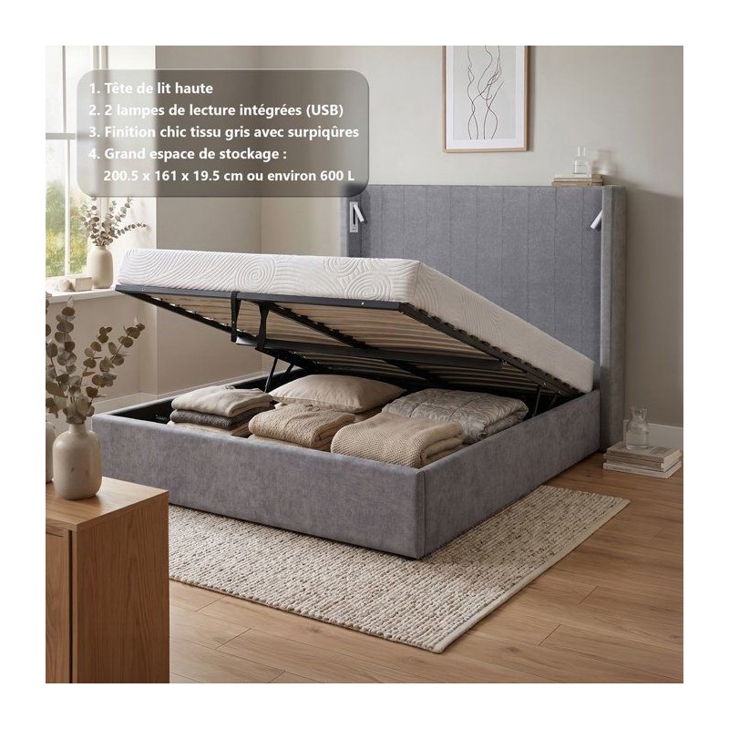 Lit coffre adulte - STAN 3 - 160 x 200 cm - Tissu gris - Tete de lit h