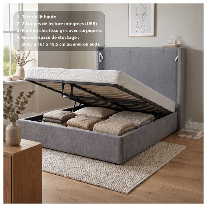 Lit coffre adulte - STAN 3 - 160 x 200 cm - Tissu gris - Tete de lit haute a oreilles - 2 lampes de lecture LED + Ports USB Lit coffre adulte - STAN 3 - 160 x 200 cm - Tissu gris - Tete de lit haute a oreilles - 2 lampes de lecture LED + Ports USB