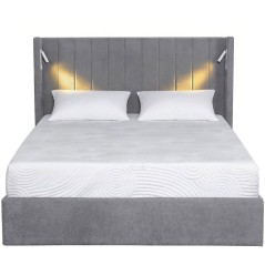 Lit coffre adulte - STAN 3 - 160 x 200 cm - Tissu gris - Tete de lit haute a oreilles - 2 lampes de lecture LED + Ports USB