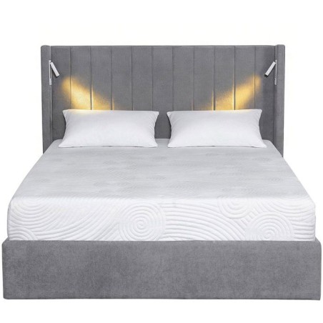 Lit coffre adulte - STAN 3 - 160 x 200 cm - Tissu gris - Tete de lit haute a oreilles - 2 lampes de lecture LED + Ports USB