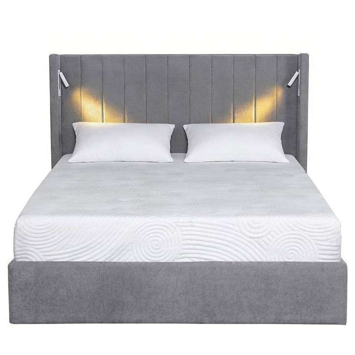 Lit coffre adulte - STAN 3 - 160 x 200 cm - Tissu gris - Tete de lit haute a oreilles - 2 lampes de lecture LED + Ports USB Lit coffre adulte - STAN 3 - 160 x 200 cm - Tissu gris - Tete de lit haute a oreilles - 2 lampes de lecture LED + Ports USB