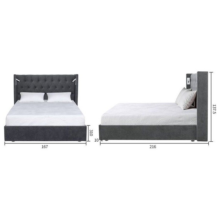 Lit coffre adulte - STAN 3 - 160 x 200 cm - Tissu gris - Tete de lit haute a oreilles - 2 lampes de lecture LED + Ports USB Lit coffre adulte - STAN 3 - 160 x 200 cm - Tissu gris - Tete de lit haute a oreilles - 2 lampes de lecture LED + Ports USB