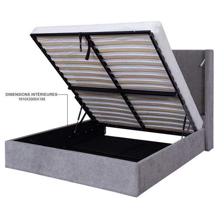 Lit coffre adulte - STAN 3 - 160 x 200 cm - Tissu gris - Tete de lit haute a oreilles - 2 lampes de lecture LED + Ports USB Lit coffre adulte - STAN 3 - 160 x 200 cm - Tissu gris - Tete de lit haute a oreilles - 2 lampes de lecture LED + Ports USB