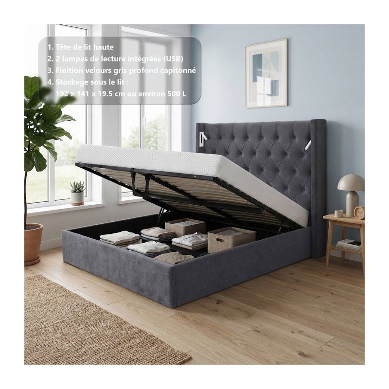 Lit coffre - STAN 4 - 140 x 190 cm - Tissu velours gris foncé - Tete