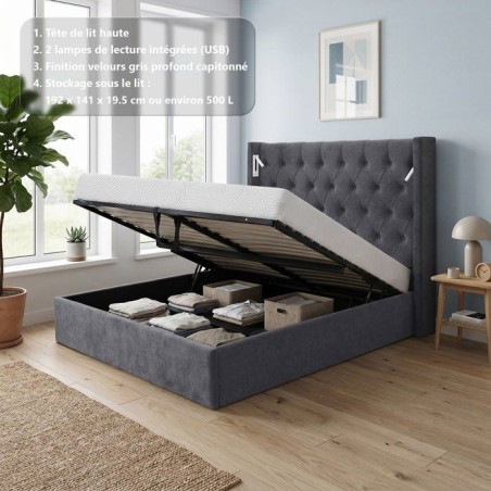 Lit coffre - STAN 4 - 140 x 190 cm - Tissu velours gris foncé - Tete