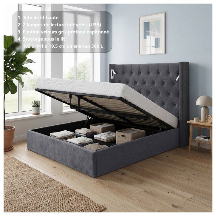 Lit coffre - STAN 4 - 140 x 190 cm - Tissu velours gris foncé - Tete de lit haute a capitons - 2 lampes de lecture LED + Ports Lit coffre - STAN 4 - 140 x 190 cm - Tissu velours gris foncé - Tete de lit haute a capitons - 2 lampes de lecture LED + Ports