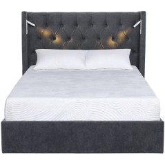 Lit coffre - STAN 4 - 140 x 190 cm - Tissu velours gris foncé - Tete de lit haute a capitons - 2 lampes de lecture LED + Ports