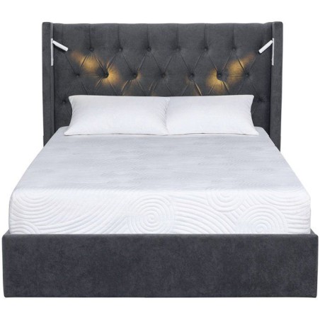 Lit coffre - STAN 4 - 140 x 190 cm - Tissu velours gris foncé - Tete de lit haute a capitons - 2 lampes de lecture LED + Ports