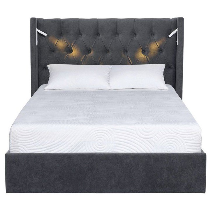 Lit coffre - STAN 4 - 140 x 190 cm - Tissu velours gris foncé - Tete de lit haute a capitons - 2 lampes de lecture LED + Ports Lit coffre - STAN 4 - 140 x 190 cm - Tissu velours gris foncé - Tete de lit haute a capitons - 2 lampes de lecture LED + Ports