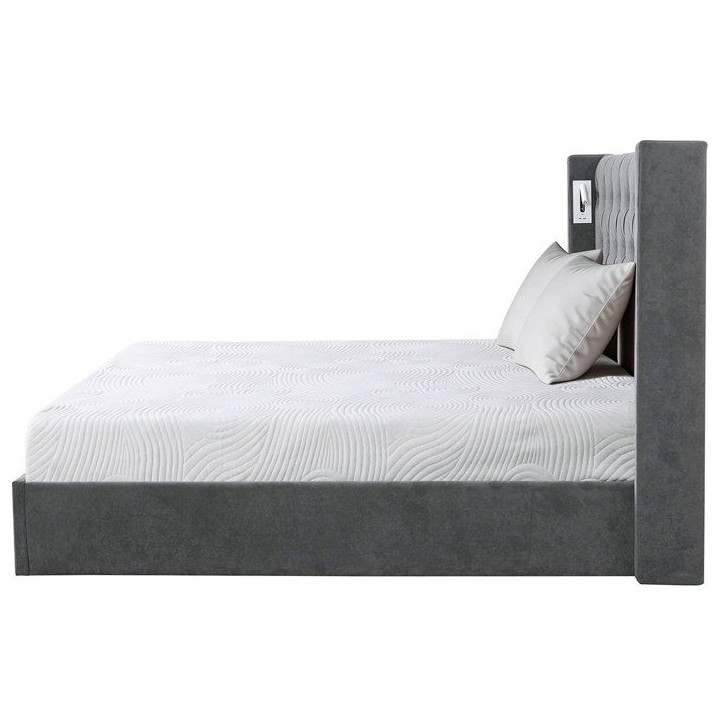 Lit coffre - STAN 4 - 140 x 190 cm - Tissu velours gris foncé - Tete de lit haute a capitons - 2 lampes de lecture LED + Ports Lit coffre - STAN 4 - 140 x 190 cm - Tissu velours gris foncé - Tete de lit haute a capitons - 2 lampes de lecture LED + Ports