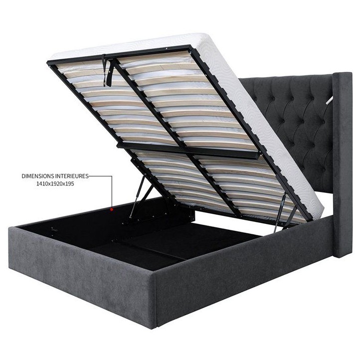 Lit coffre - STAN 4 - 140 x 190 cm - Tissu velours gris foncé - Tete de lit haute a capitons - 2 lampes de lecture LED + Ports Lit coffre - STAN 4 - 140 x 190 cm - Tissu velours gris foncé - Tete de lit haute a capitons - 2 lampes de lecture LED + Ports