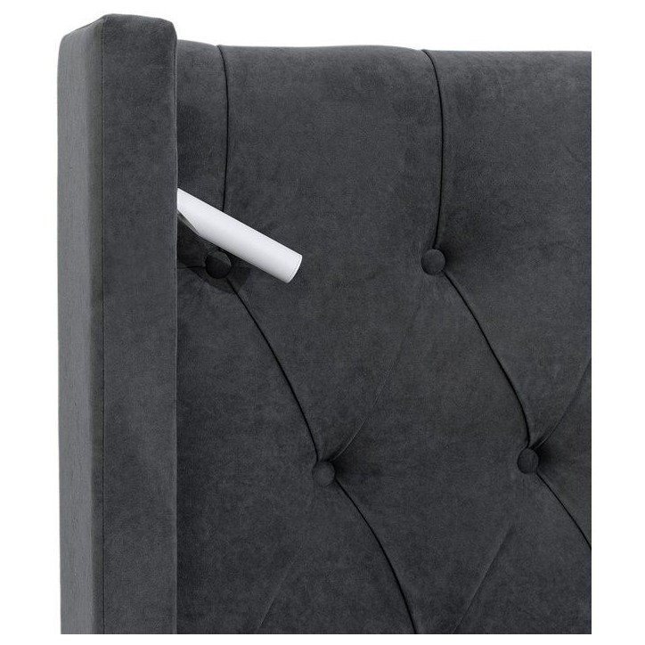 Lit coffre - STAN 4 - 140 x 190 cm - Tissu velours gris foncé - Tete de lit haute a capitons - 2 lampes de lecture LED + Ports Lit coffre - STAN 4 - 140 x 190 cm - Tissu velours gris foncé - Tete de lit haute a capitons - 2 lampes de lecture LED + Ports