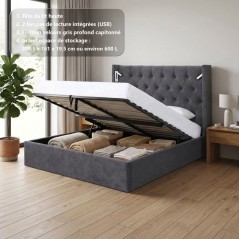 Lit coffre adulte - STAN 4 - 160 x 200 cm - Tissu velours gris foncé