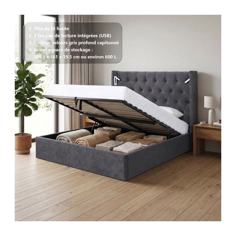 Lit coffre adulte - STAN 4 - 160 x 200 cm - Tissu velours gris foncé
