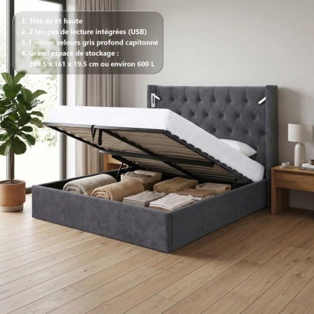 Lit coffre adulte - STAN 4 - 160 x 200 cm - Tissu velours gris foncé