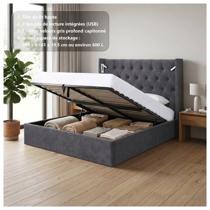 Lit coffre adulte - STAN 4 - 160 x 200 cm - Tissu velours gris foncé - Tete de lit haute a capitons - 2 lampes LED + Ports USB Lit coffre adulte - STAN 4 - 160 x 200 cm - Tissu velours gris foncé - Tete de lit haute a capitons - 2 lampes LED + Ports USB