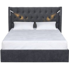 Lit coffre adulte - STAN 4 - 160 x 200 cm - Tissu velours gris foncé - Tete de lit haute a capitons - 2 lampes LED + Ports USB