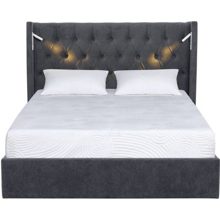 Lit coffre adulte - STAN 4 - 160 x 200 cm - Tissu velours gris foncé - Tete de lit haute a capitons - 2 lampes LED + Ports USB