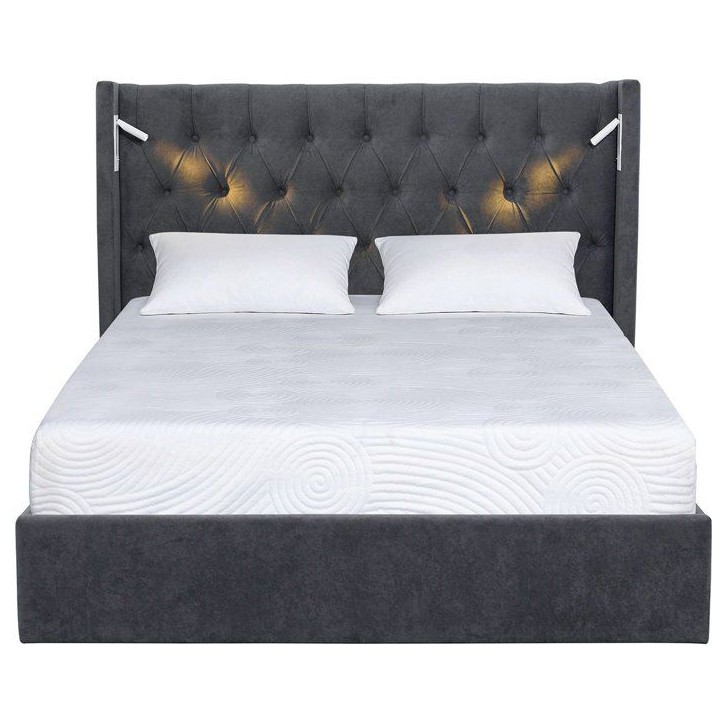 Lit coffre adulte - STAN 4 - 160 x 200 cm - Tissu velours gris foncé - Tete de lit haute a capitons - 2 lampes LED + Ports USB Lit coffre adulte - STAN 4 - 160 x 200 cm - Tissu velours gris foncé - Tete de lit haute a capitons - 2 lampes LED + Ports USB