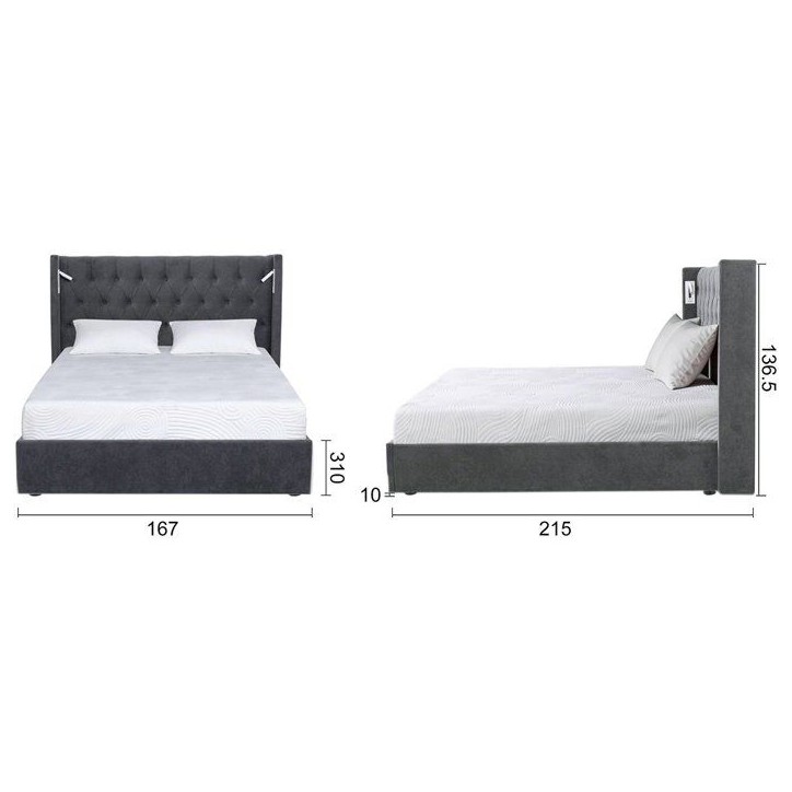 Lit coffre adulte - STAN 4 - 160 x 200 cm - Tissu velours gris foncé - Tete de lit haute a capitons - 2 lampes LED + Ports USB Lit coffre adulte - STAN 4 - 160 x 200 cm - Tissu velours gris foncé - Tete de lit haute a capitons - 2 lampes LED + Ports USB
