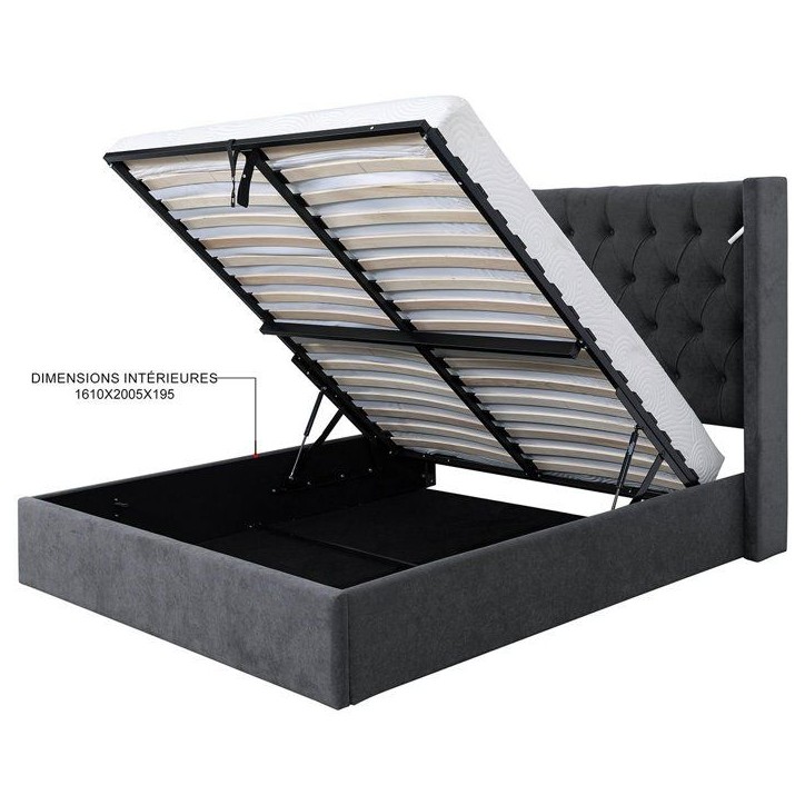 Lit coffre adulte - STAN 4 - 160 x 200 cm - Tissu velours gris foncé - Tete de lit haute a capitons - 2 lampes LED + Ports USB Lit coffre adulte - STAN 4 - 160 x 200 cm - Tissu velours gris foncé - Tete de lit haute a capitons - 2 lampes LED + Ports USB