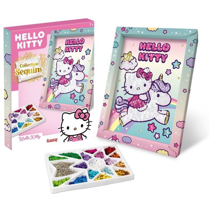 Jeu créatif - LANSAY - COLLECTION SEQUINS - HELLO KITTY & UNICORN - Cadre en bois et illustration - Des 7 ans