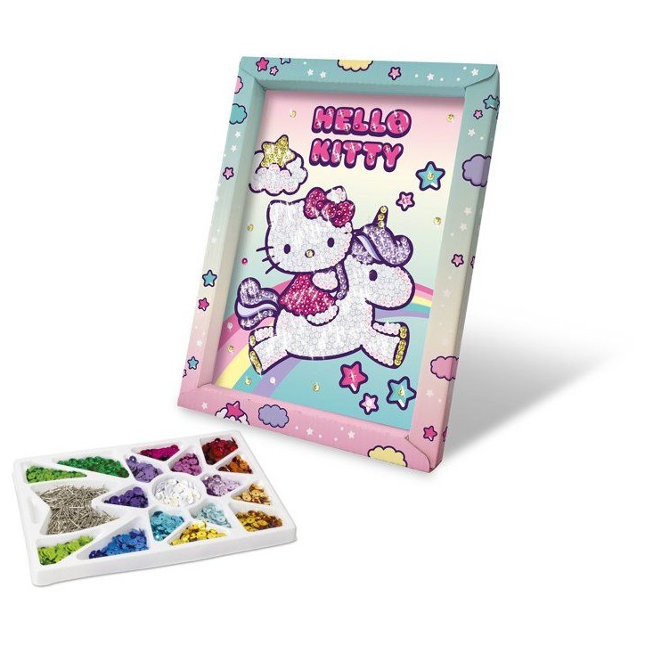 Jeu créatif - LANSAY - COLLECTION SEQUINS - HELLO KITTY & UNICORN - Cadre en bois et illustration - Des 7 ans