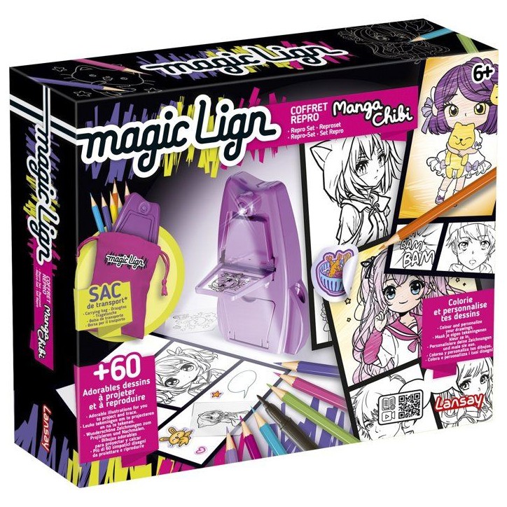 Loisir créatif - LANSAY - MAGIC LIGN - jeu de coloriage - PROJECTEUR POCKET MANGA CHIBI - 80+ illustrations - Des 6 ans