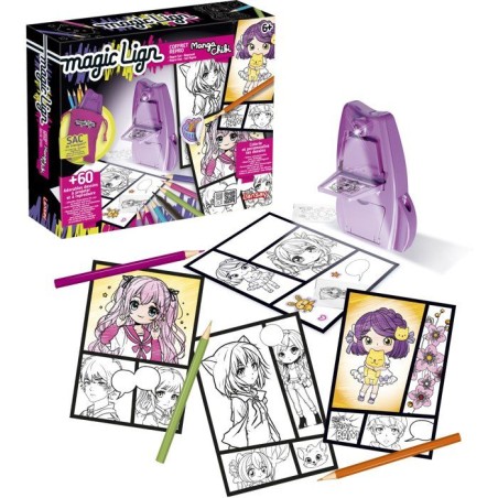 Loisir créatif - LANSAY - MAGIC LIGN - jeu de coloriage - PROJECTEUR POCKET MANGA CHIBI - 80+ illustrations - Des 6 ans