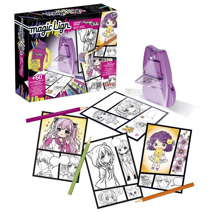 Loisir créatif - LANSAY - MAGIC LIGN - jeu de coloriage - PROJECTEUR POCKET MANGA CHIBI - 80+ illustrations - Des 6 ans