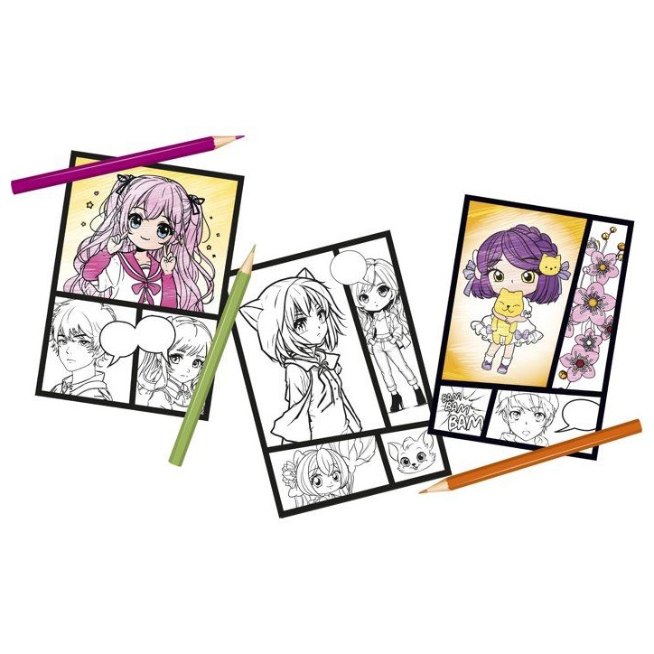 Loisir créatif - LANSAY - MAGIC LIGN - jeu de coloriage - PROJECTEUR POCKET MANGA CHIBI - 80+ illustrations - Des 6 ans