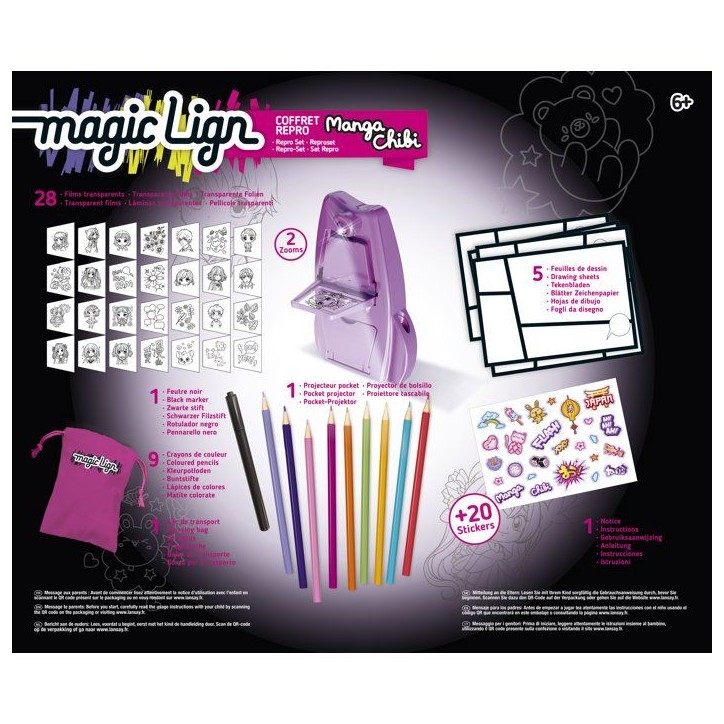 Loisir créatif - LANSAY - MAGIC LIGN - jeu de coloriage - PROJECTEUR POCKET MANGA CHIBI - 80+ illustrations - Des 6 ans